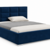 Moet gestoffeerd bed met opbergruimte in marineblauwe stof Kronos 09, met een hoog hoofdbord en vierkante vlakverdeling.