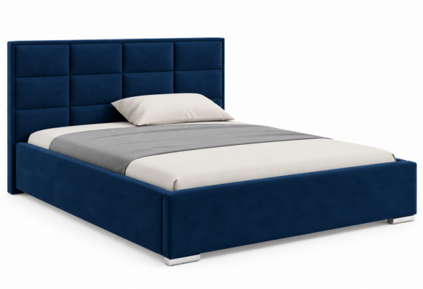 Moet gestoffeerd bed met opbergruimte in marineblauwe stof Kronos 09, met een hoog hoofdbord en vierkante vlakverdeling.