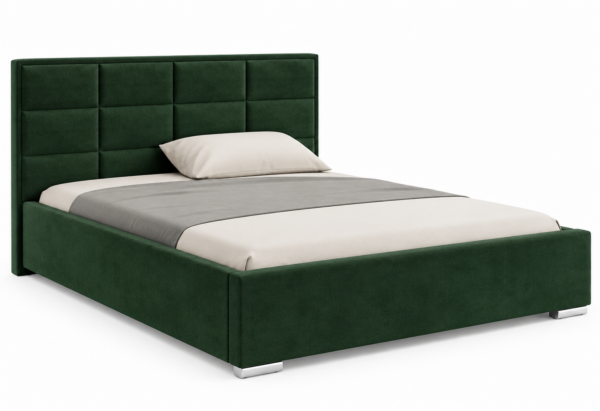 Moet gestoffeerd bed met opbergruimte in donkergroene stof Kronos 14, met een hoog hoofdbord en vierkante vlakverdeling.