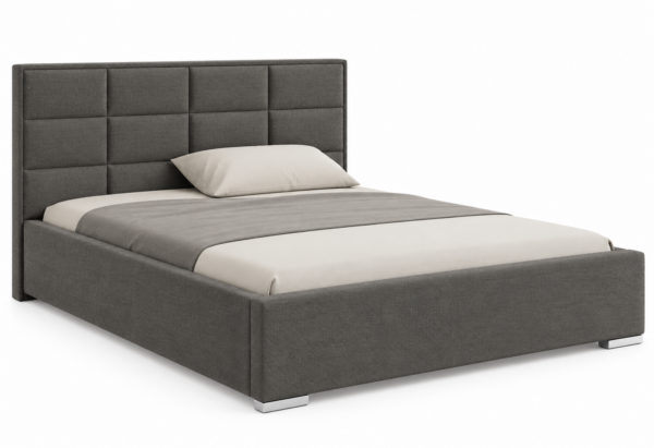 Moet gestoffeerd bed met opbergruimte in grijze stof Kronos 15, met een hoog hoofdbord en stijlvolle vierkante vlakverdeling.