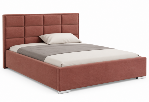 Moet gestoffeerd bed met opbergruimte in oudroze stof Kronos 29, met een hoog hoofdbord en stijlvolle vierkante vlakverdeling.