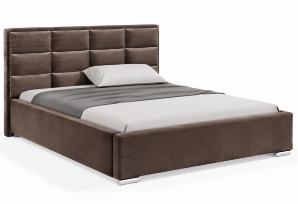 Moet gestoffeerd bed met opbergruimte in donkergroene stof Monolith, met een hoog hoofdbord en vierkante vlakverdeling.