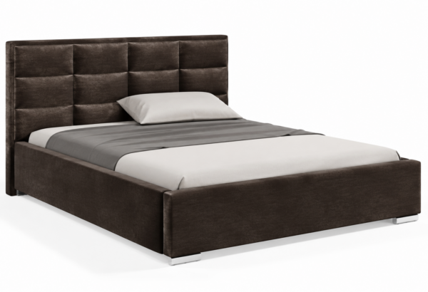 Moet gestoffeerd bed met opbergruimte in donkergroene stof Monolith, met een hoog hoofdbord en vierkante vlakverdeling.