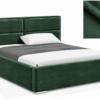 MILO gestoffeerd bed met opbergruimte in mosterdgele stof Monolith, met een hoog hoofdbord en horizontale vlakverdeling.