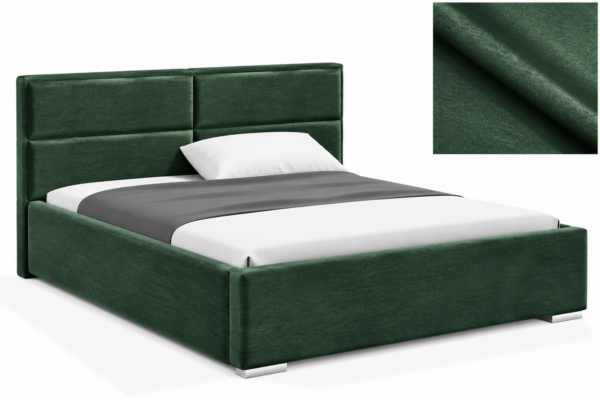 MILO gestoffeerd bed met opbergruimte in mosterdgele stof Monolith, met een hoog hoofdbord en horizontale vlakverdeling.