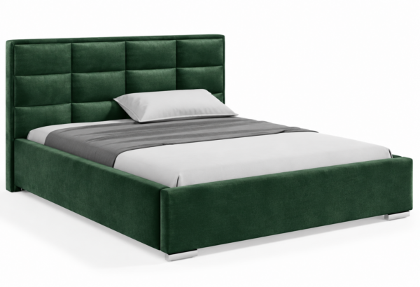 Moet gestoffeerd bed met opbergruimte in donkergroene stof Monolith, met een hoog hoofdbord en vierkante vlakverdeling.