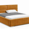 Moet gestoffeerd bed met opbergruimte in mosterdgele stof Monolith, met een hoog hoofdbord en horizontale vlakverdeling.