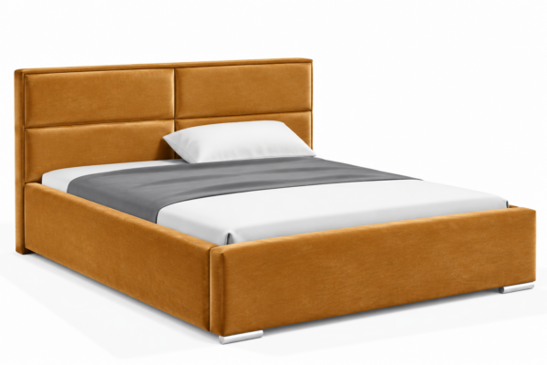 Moet gestoffeerd bed met opbergruimte in mosterdgele stof Monolith, met een hoog hoofdbord en horizontale vlakverdeling.