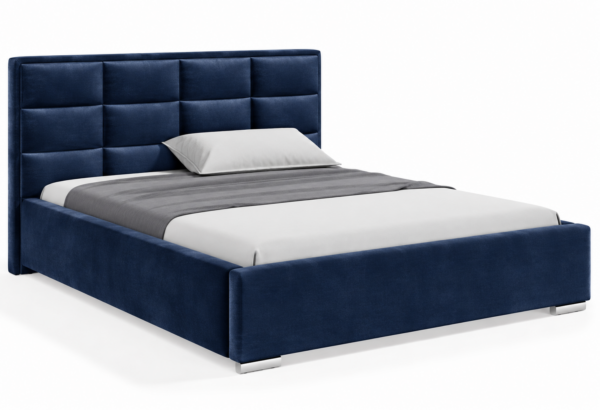 Moet gestoffeerd bed met opbergruimte in donkergroene stof Monolith, met een hoog hoofdbord en vierkante vlakverdeling.