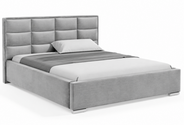 Moet gestoffeerd bed met opbergruimte in donkergroene stof Monolith, met een hoog hoofdbord en vierkante vlakverdeling.