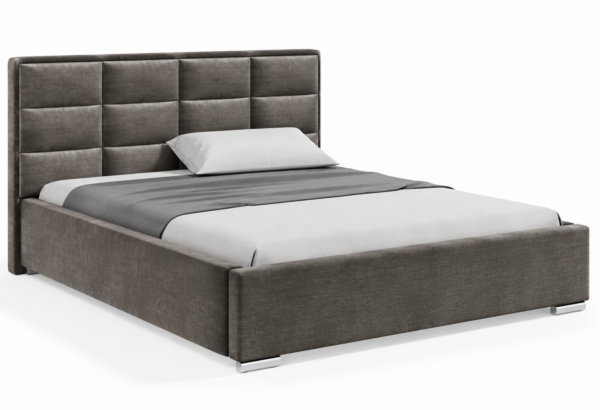 Moet gestoffeerd bed met opbergruimte in donkergroene stof Monolith, met een hoog hoofdbord en vierkante vlakverdeling.