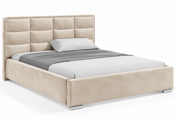 Moet gestoffeerd bed met opbergruimte in donkergroene stof Monolith, met een hoog hoofdbord en vierkante vlakverdeling.