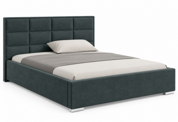 Moet gestoffeerd bed met opbergruimte in antracietkleurige stof Paros 06, met een hoog hoofdbord en vierkante vlakverdeling.